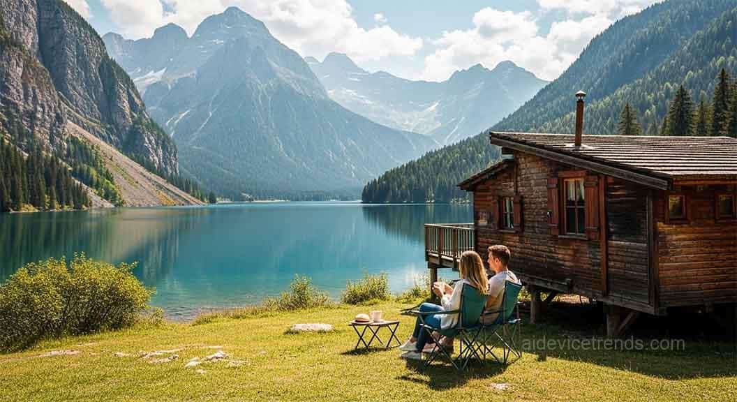 A couple sitting next to a cabin and a lake