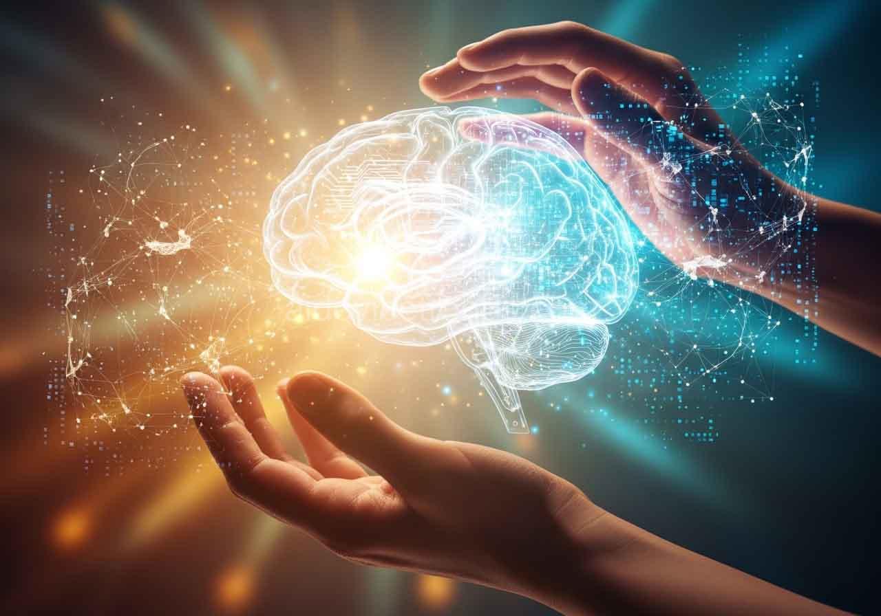 A holographic brain A holographic brain held by hands