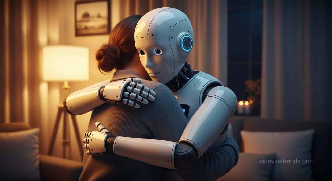 A robot warmly embraces a woman