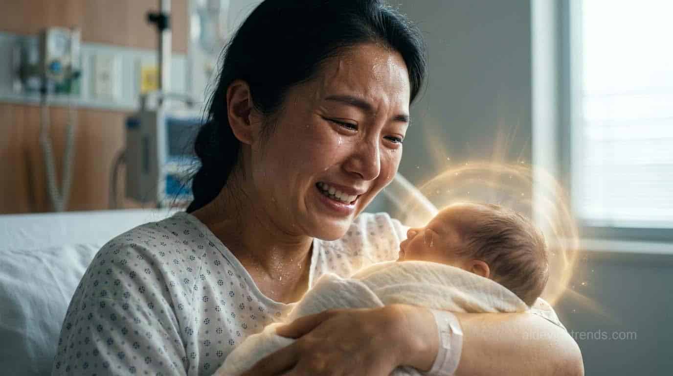 A woman holds her newborn baby in her arms