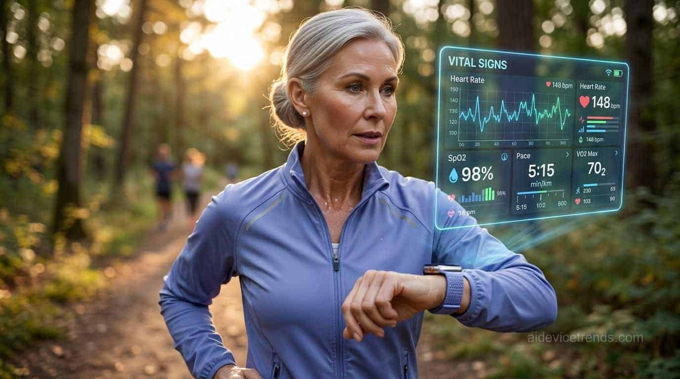 A woman looks at her smartwatch while exercising