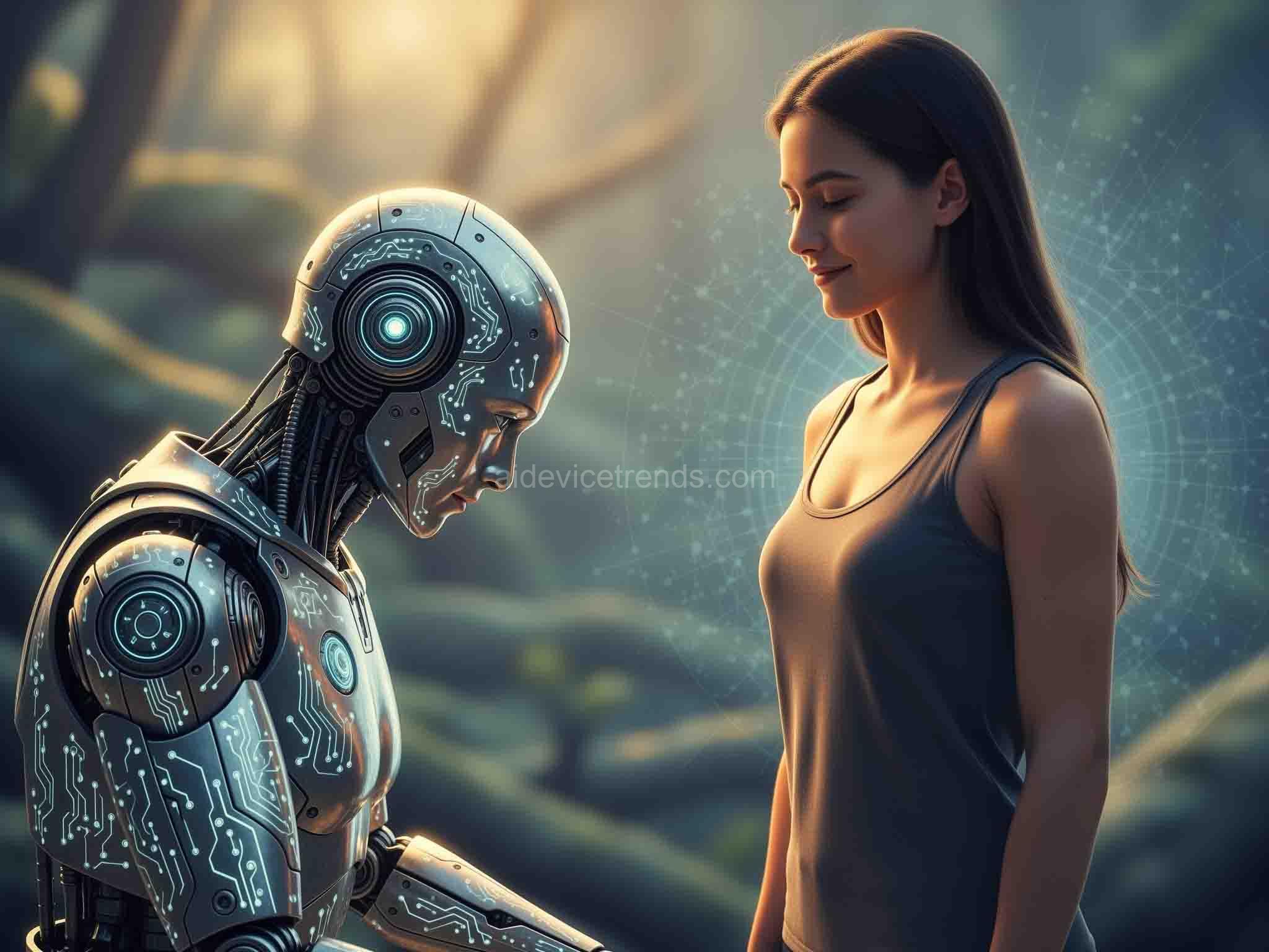 AI Robot and Young Woman AI robot and young woman in a friendly relationship