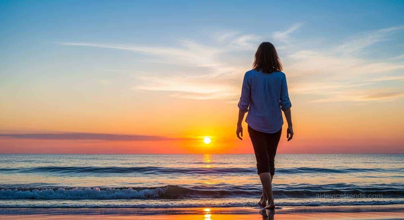 Woman walks barefoot on the beach