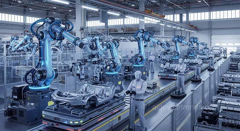 humanoid robots work in a car factory