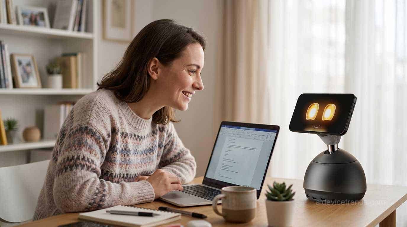 woman and robot pet on desk