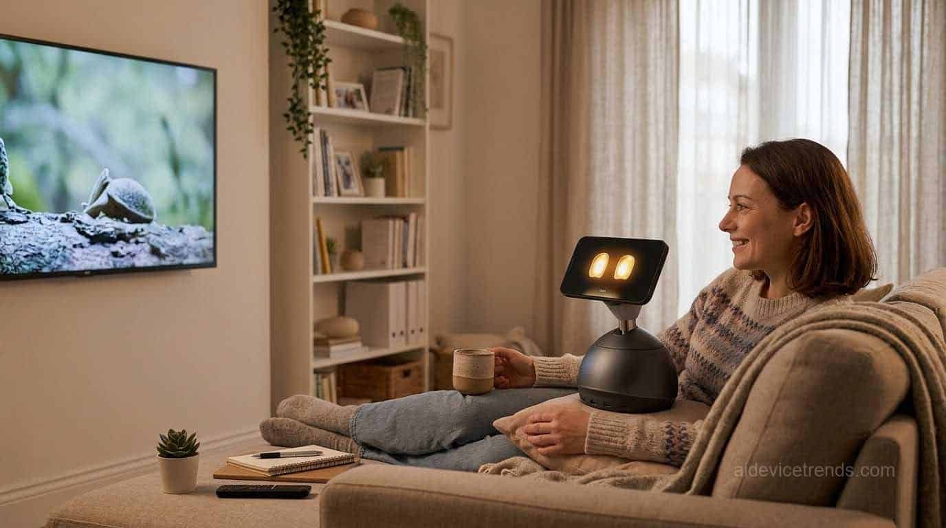 woman and robot pet watching TV